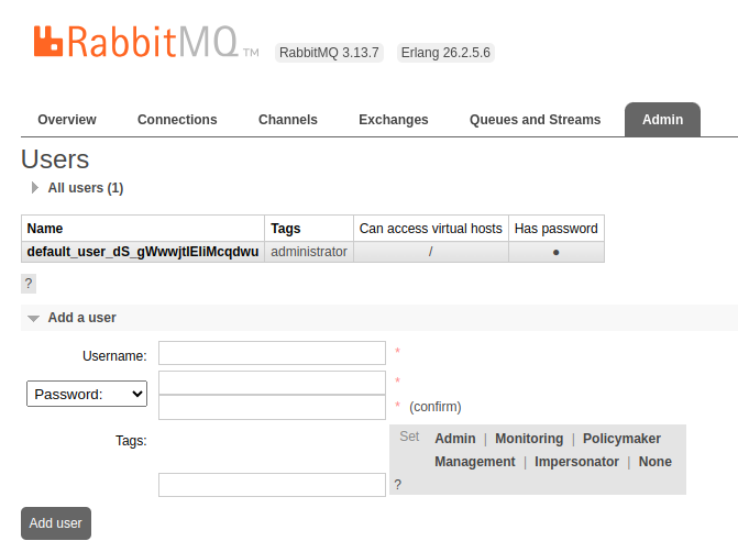 The RabbitMQ web interface showing the Admin tab with a list of current users.