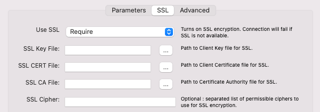The SSL tab in MySQL Workbench The SSL tab in MySQL Workbench